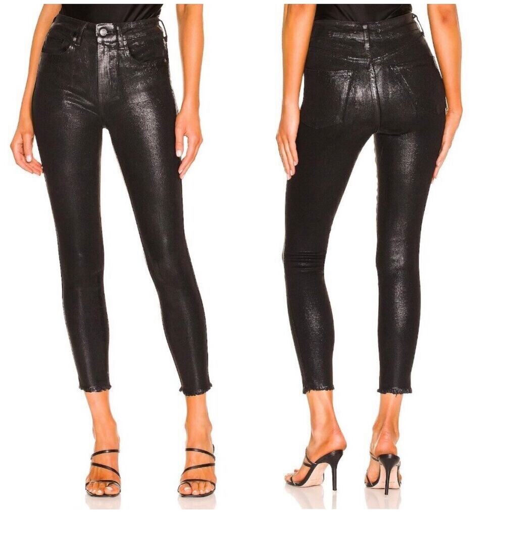 Free People We the Free High Rise Coated Black Shiny Skinny Jeans 32 NWT